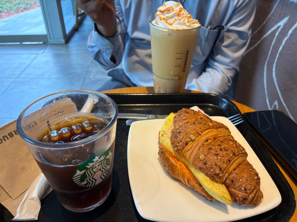 Aphonso Mango Frapuccino, Ice shaken cinamon espresso and egg chicken croissant